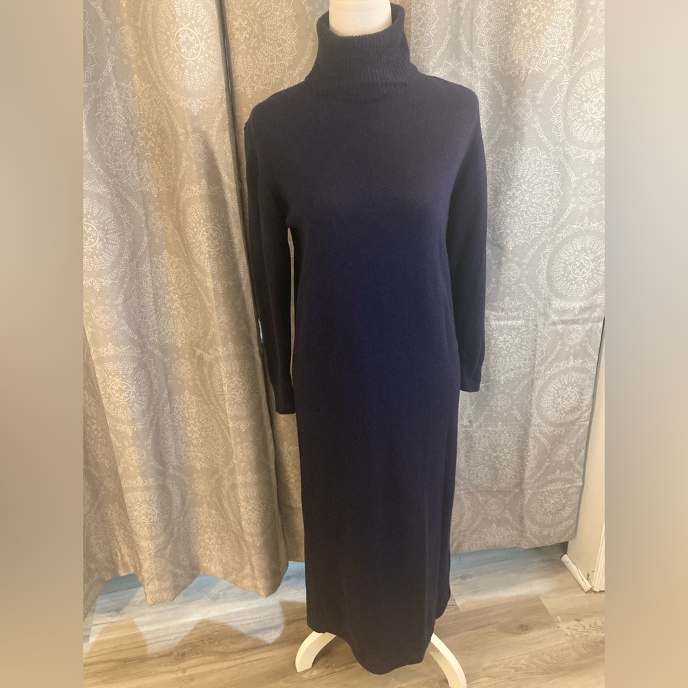 RARE VINTAGE Jacque De Loux 100% Cashmere Navy Turtleneck Sweater Dress